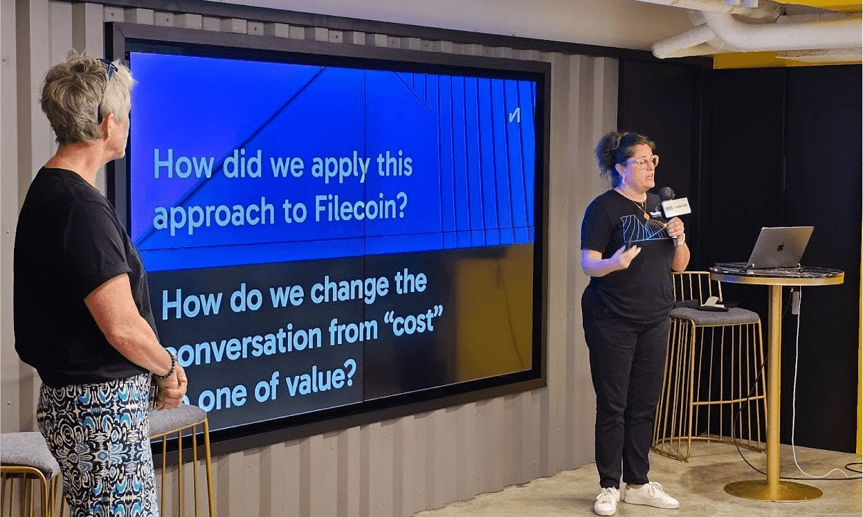 Jen King and Mara McMahon from the FilStor/DeStor team shared insights on aligning product strategies with customer needs to drive Filecoin adoption.